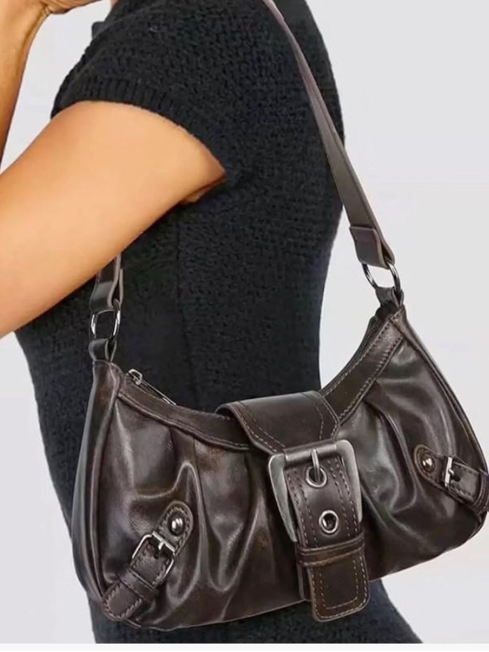 Classic Brown Leather Shoulder Bag with Buckle Accent